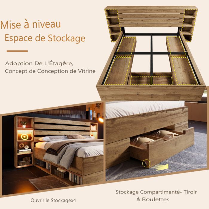 Cama con almacenamiento - LANGTU - 160x200 - Madera maciza de roble - Luces LED ajustables - Puertos USB/Tipo-C y cajones
