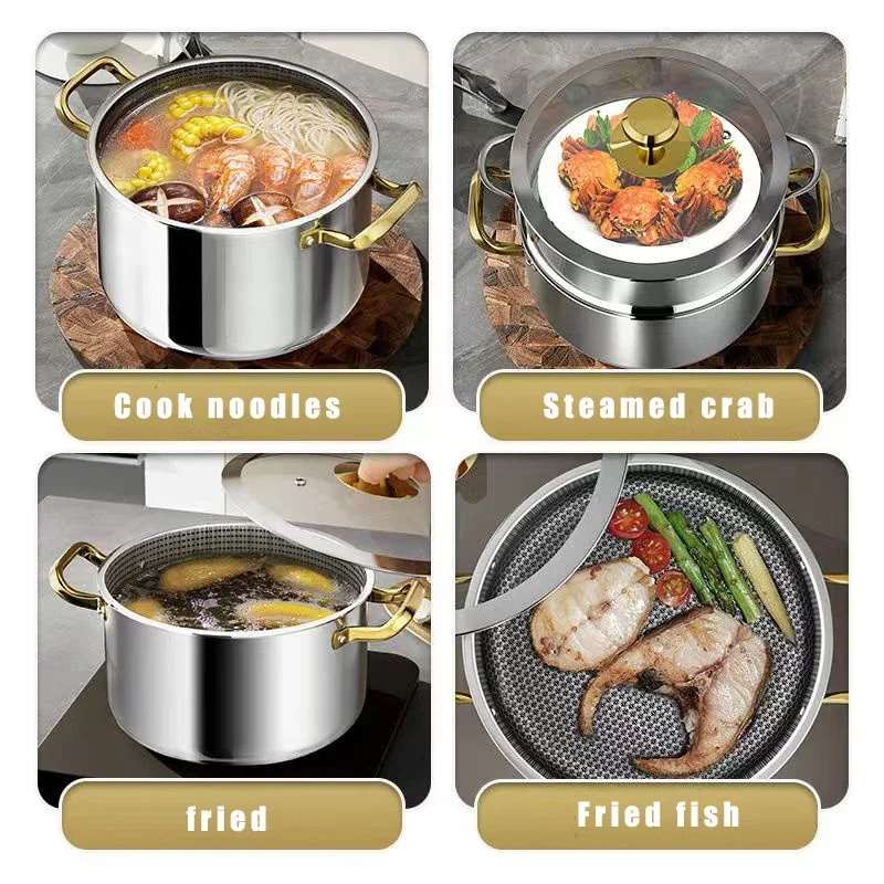Casserole en acier inoxydable 304, revêtement antiadhésif alvéolé, couvercle inclus, compatible avec les plaques à induction, les cuisinières à gaz et toute autre poêle à frire.