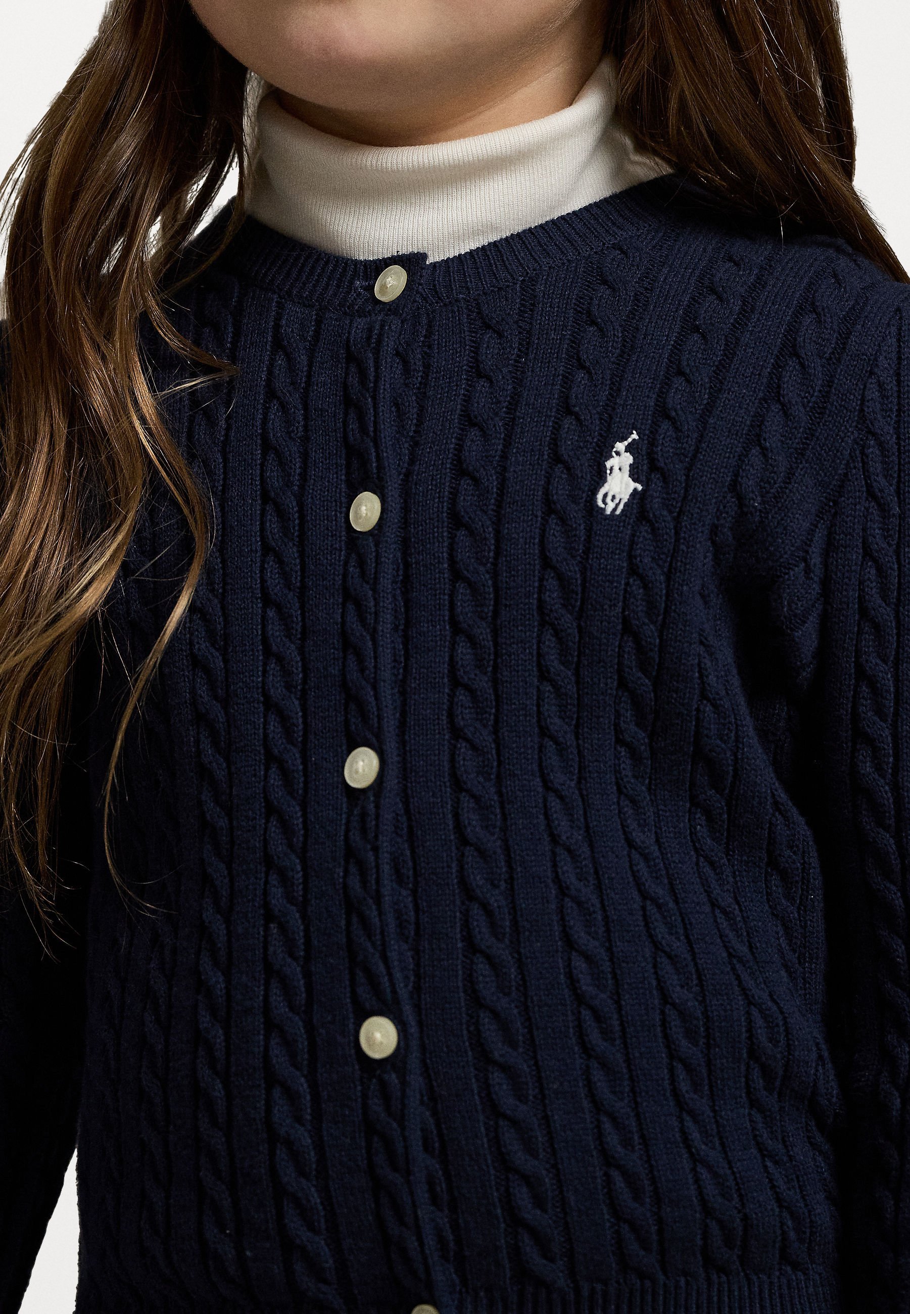Polo Ralph Lauren Mini-Zopfmuster-Strickjacke aus Baumwolle – Jägerblau