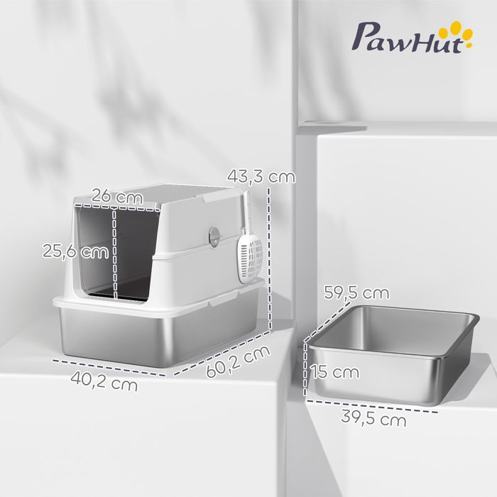 Bac à litière fermé XL en acier inoxydable, maison de toilette pour grand chat, 60,2 x 40,2 x 43,3 cm, gris clair