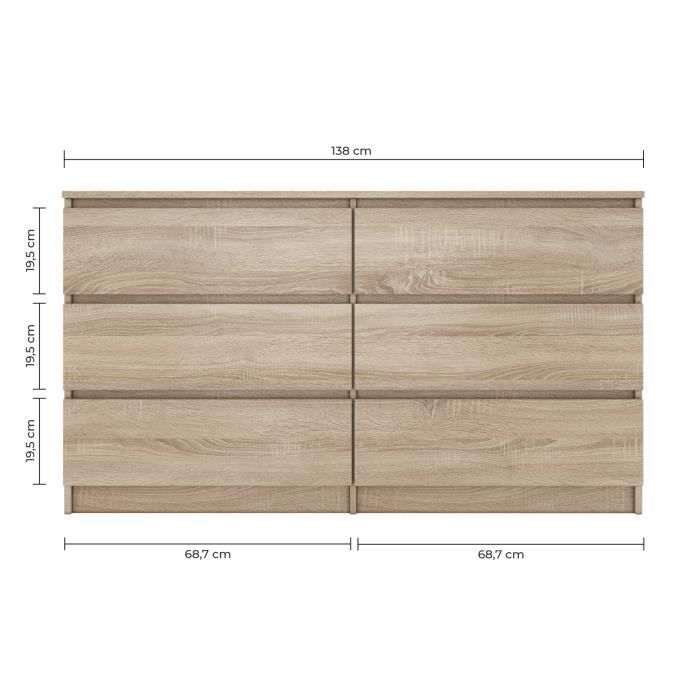 ASTER T6 - Cómoda para dormitorio/oficina/sala de estar 138x40x77 cm / 6 cajones - Mueble de almacenamiento moderno, cómoda de estilo escandinavo - Armario