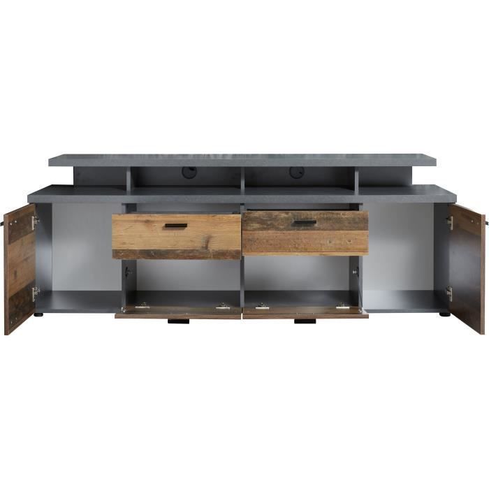 Mueble para TV MOOD con 2 puertas y 2 cajones - Madera envejecida y melamina gris mate - 180 x 47 x 66 cm