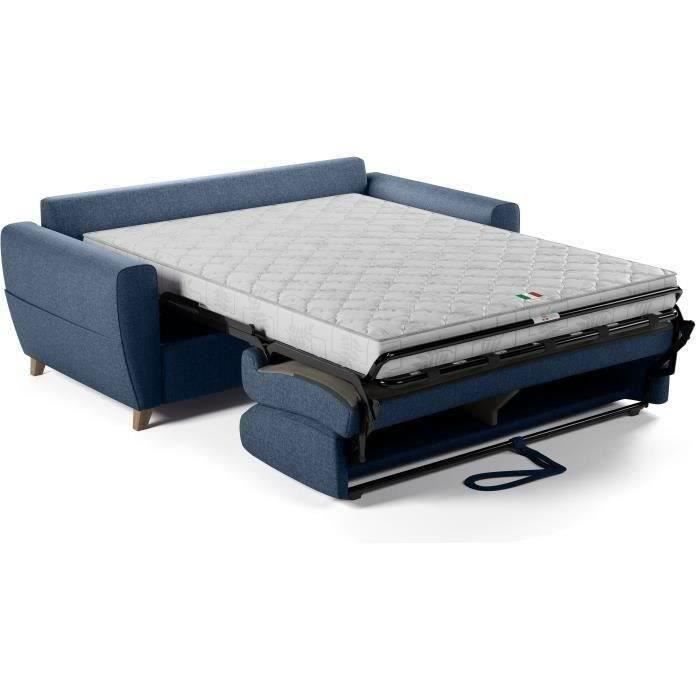 Sofá-cama conversível SKY de 3 lugares - Tecido azul - Colchão de 14 cm - 192 x 100 x 88 cm