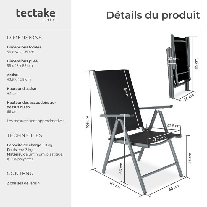 Tuinstoelen - TECTAKE - Set van 2 MARILENA opklapbare tuinstoelen, inklapbaar, rugleuning in 7 standen verstelbaar - Zwart/Antraciet