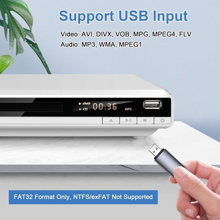 Lecteur DVD Blanc, Lecteur DVD HD Multi-Régions pour TV, Lecteur DVDs et CD pour Système Stéréo Domestique avec Entrée USB
