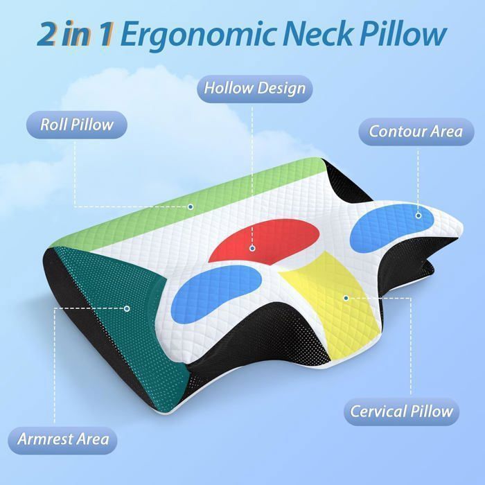 Memory Foam Pillow, Ergonomic Cervical Support, for Side and Back Sleeping, 60x40x12/14cm, Black