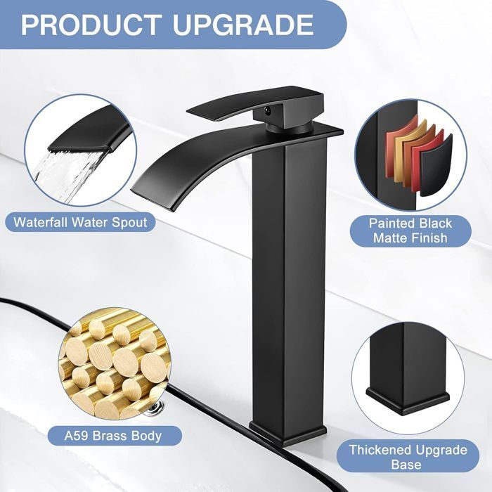 Grifo de lavabo tipo cascada - Grifería de baño - Negro - Grifo mezclador de lavabo - Placa cerámica con serpentín