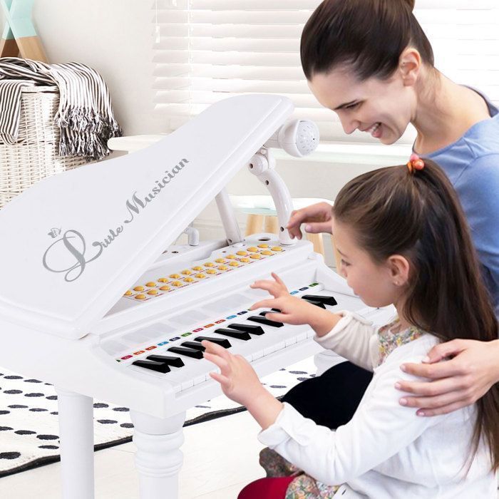 Piano infantil COSTWAY de 31 teclas con taburete, micrófono, 3 modos de enseñanza, luz LED, reproductor de MP3, 4 estilos musicales, 22 canciones, blanco.