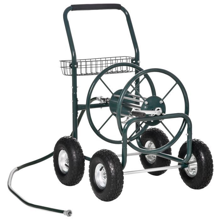 Outsunny 70m Garden Hose Reel on Wheels - Trolley with Non-Slip Handle - Metal - Green
