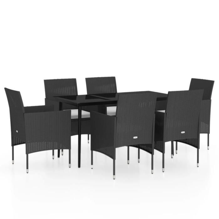 Conjunto de jantar para jardim - vidaXL - 7 peças - Preto - Resina de vime - Aço revestido a pó - Vidro
