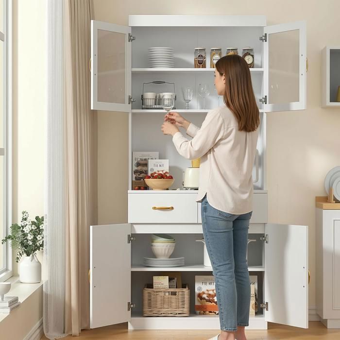 Buffet Cuisine - Armoire Meuble, - 2 Étagères Réglables - 2 Tiroirs - 80L x 40W x 180Hcm - Blanc