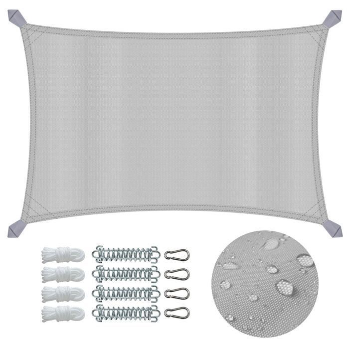 Vela de sombra rectangular impermeable de poliéster VOUNOT® con kit de montaje, 3x2 m, gris claro