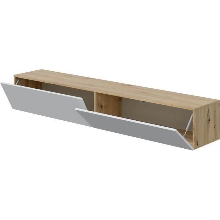 Meuble TV suspendu - L 180X P 28X H 35 cm KAWAY - Décor blanc et chêne - 2 Portes abattantes