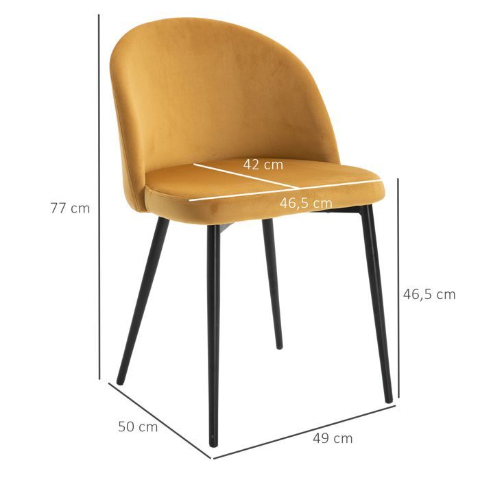 Chaises de salle à manger - HOMCOM - lot de 2 cuisine scandinave velours rembourrée pieds effilés - métal - jaune