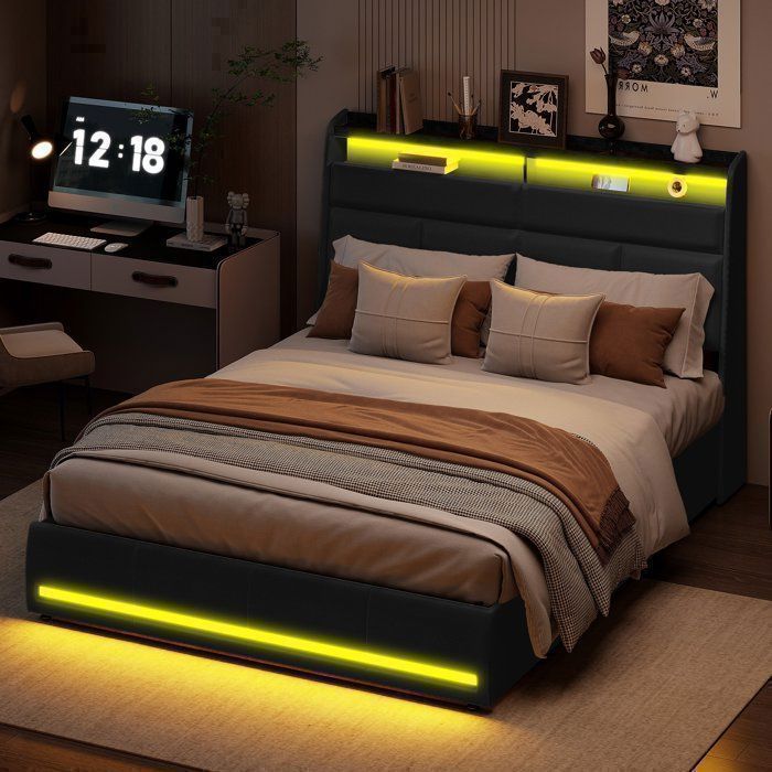 Complete slaapkamerinrichting voor volwassenen, bestaande uit een bedframe van 160x200 cm, een tweepersoonsbed, een opbergbed van 160x200 cm, een LED-bed van 160x200 cm, een gestoffeerd hoofdbord met LED-verlichting, PU-leer, zwart.