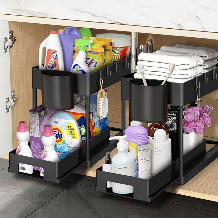 Lot de 2 Meuble Sous Evier-Organisateur sous Evier Tiroir Coulissant à Extraction - Rangement Et Organisation De Cuisine,Noir