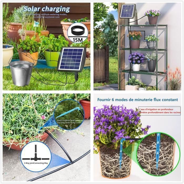 Kit de riego por goteo automático con energía solar KENLUMO - Manguera de 15 m para jardín