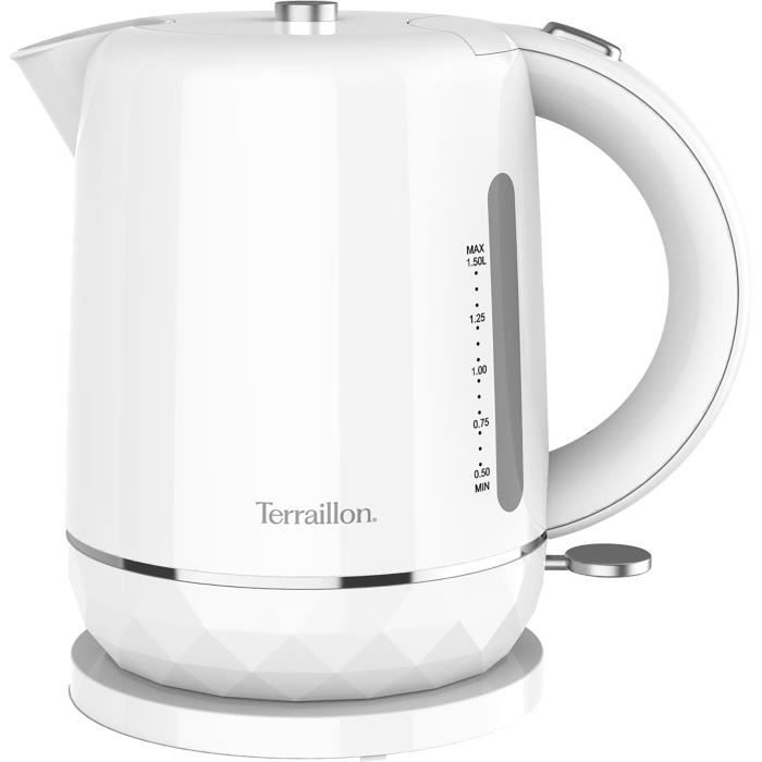Bouilloire électrique - TERRAILLON – 15351 DIAMANT Blanc – 1.5L - 2200W - Base pivotante 360° - Base reliefée effet diamant