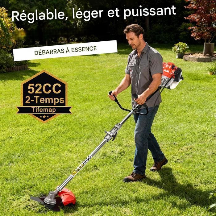 Decespugliatore a benzina da 52 cc, 2500-3000 giri/min, 2,2 kW/8500 giri/min, 101 dB, 1,2 l, 2 tempi, diametro lama 27 cm, 180*35*35 cm, rosso