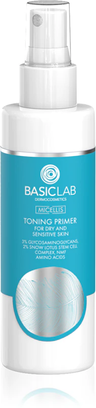 Tônico facial em spray micelar BasicLab Dermocosmetics para pele seca e sensível.