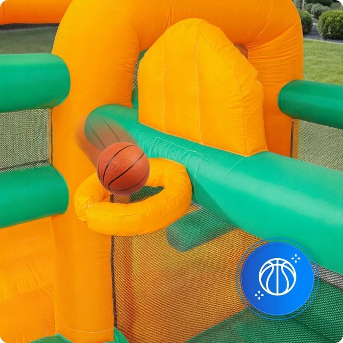 KINDI inflatable children's play area with large castle, basket, blower, and slide set