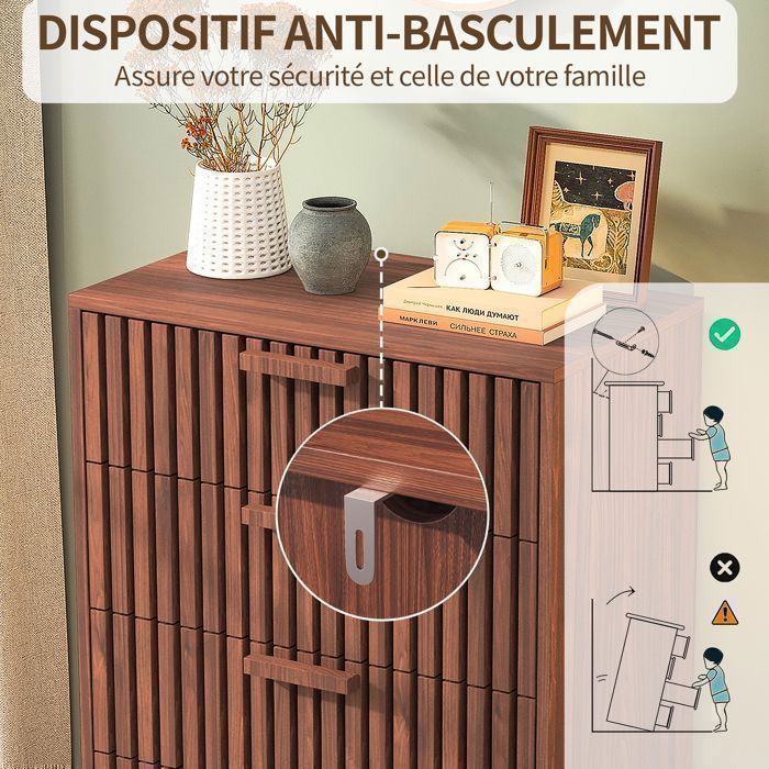 Commode 4 tiroirs, Commode Chambre Adulte 60x34x91cm, Meuble de Rangement en Bois, pour Salon, Chambre et Couloir, Bois noyer