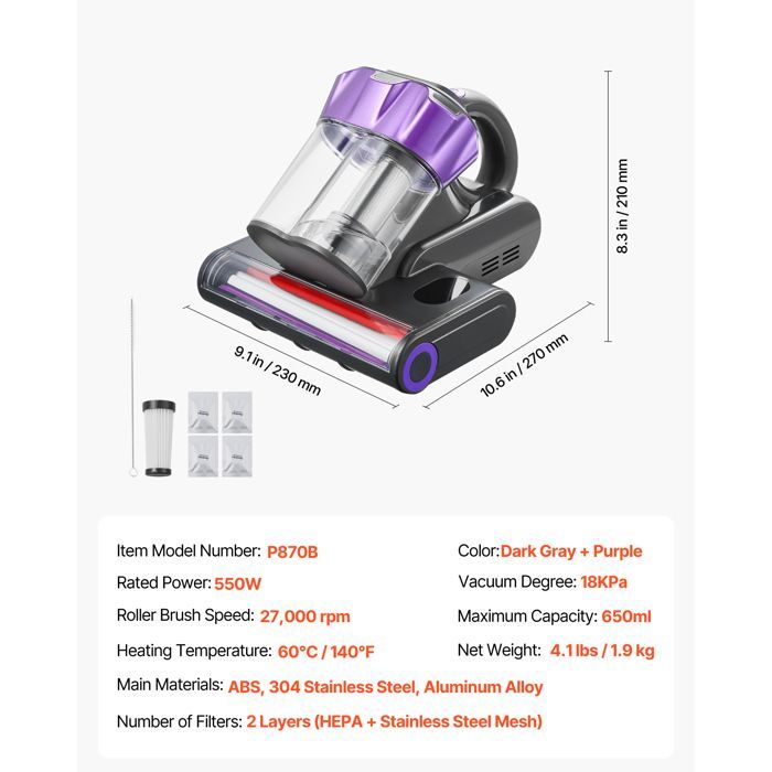 Aspirador de colchão antiácaros VEVOR 550W com potente sucção de 18 kPa, reservatório de pó duplo, filtro HEPA e aquecimento.