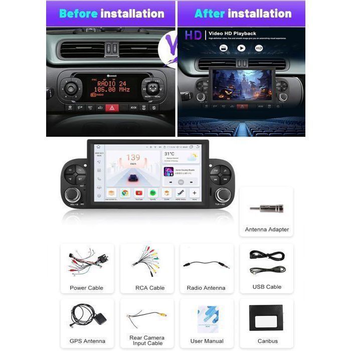 IBEAFILLY 9-inch Android 13 Car Radio with GPS and CarPlay for FIAT and PANDA (2013-2020) with Rear Camera, 2GB RAM + 32GB Storage