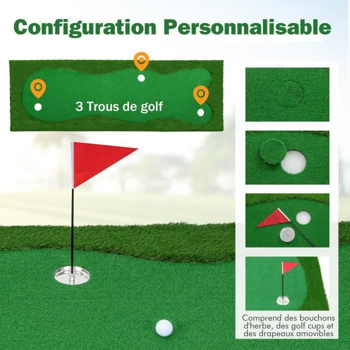 Tapete de práctica de golf portátil COSTWAY de 300 x 100 cm - Césped artificial de 35 mm - 3 hoyos, 3 banderas, copas - Base antideslizante