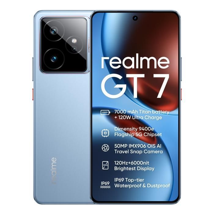 realme GT7 smartphone 12+512 GB, Dimensity 9400e processor, 7000mAh Titan battery, 120W Ultra Charge, IP69, Blue