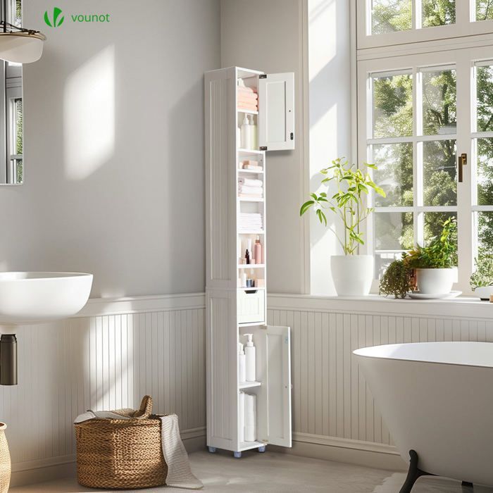 VOUNOT® Bathroom Column 20x20x180cm - Storage unit with adjustable shelves, drawer and cabinet doors - MDF - White