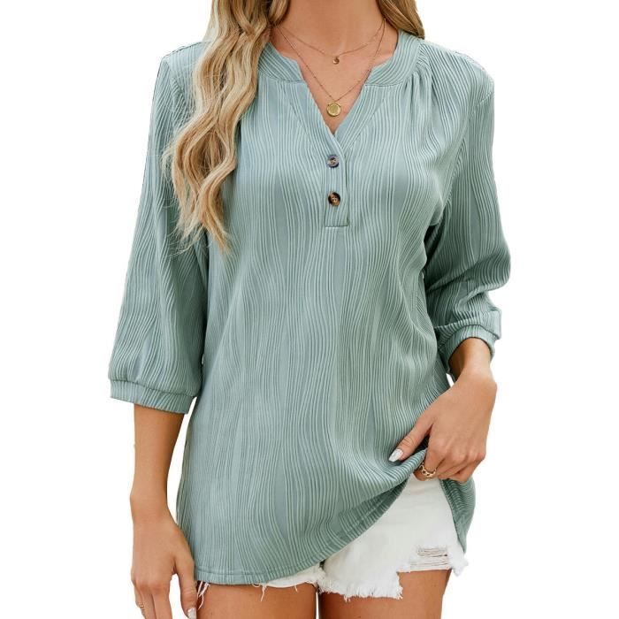 Camiseta de mujer con cuello en V y botones, manga tres cuartos, corte holgado informal, cómoda, color liso, ideal para el verano - Verde