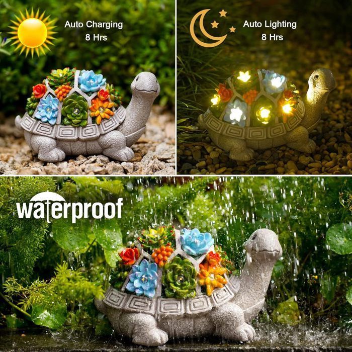 Estatua de tortuga de resina para jardín exterior - con plantas suculentas, funciona con energía solar - Estatua de jardín para exteriores, decoración de jardín, idea de regalo para mamá