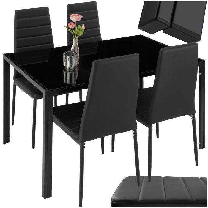 Mesa de comedor con sillas - TECTAKE - BERLIN. Conjunto de comedor con 4 sillas tapizadas en piel sintética - Negro.