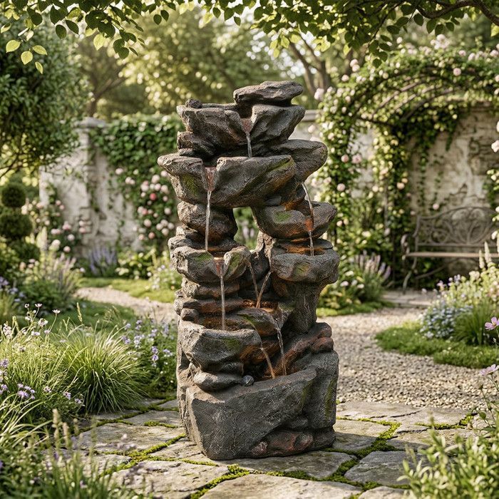 Fuente de jardín con iluminación LED - Aspecto de piedra natural - Bomba de agua integrada - Iluminación LED - 46x36x90 cm