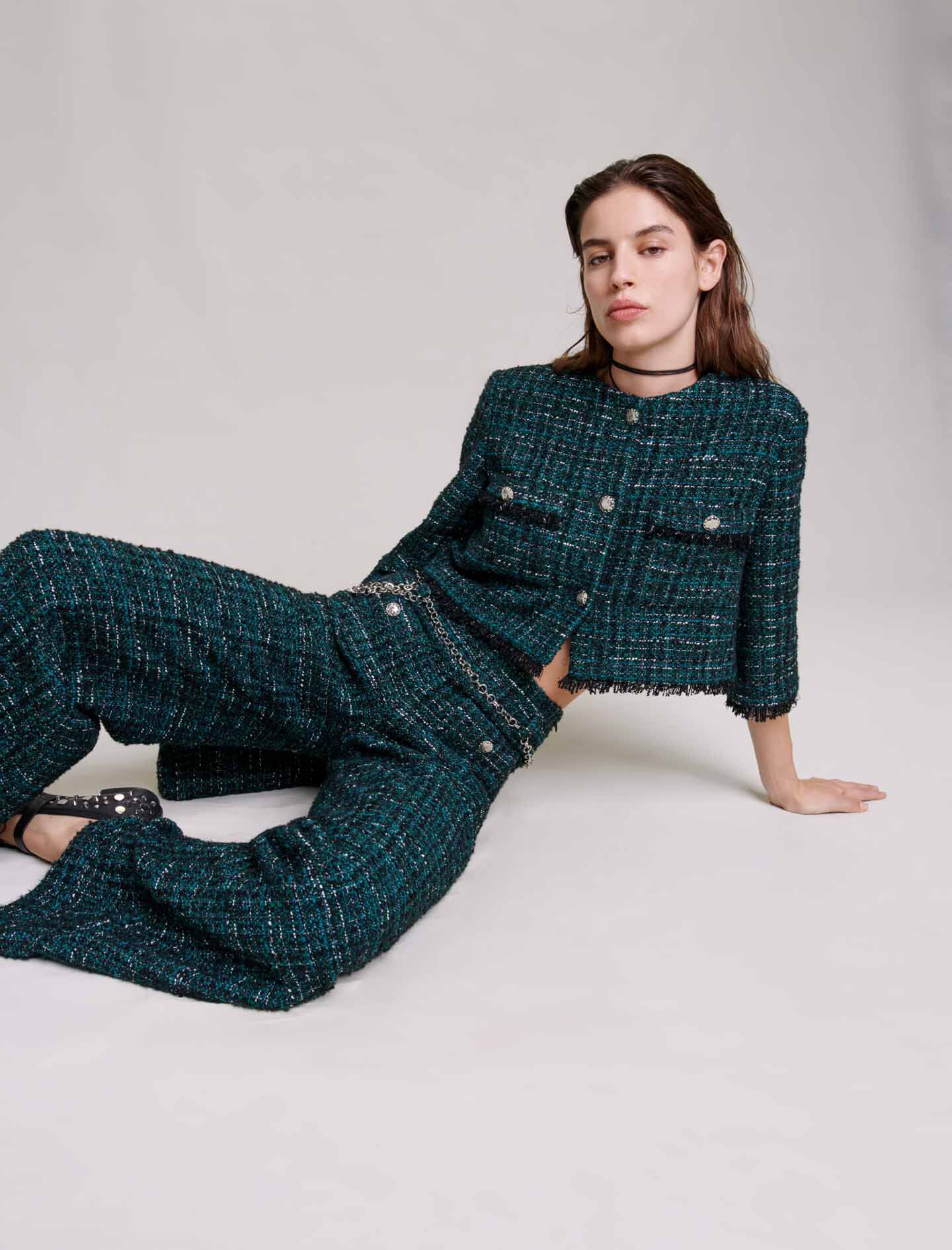 Pantaloni lejeri din tweed - Verde sticlă