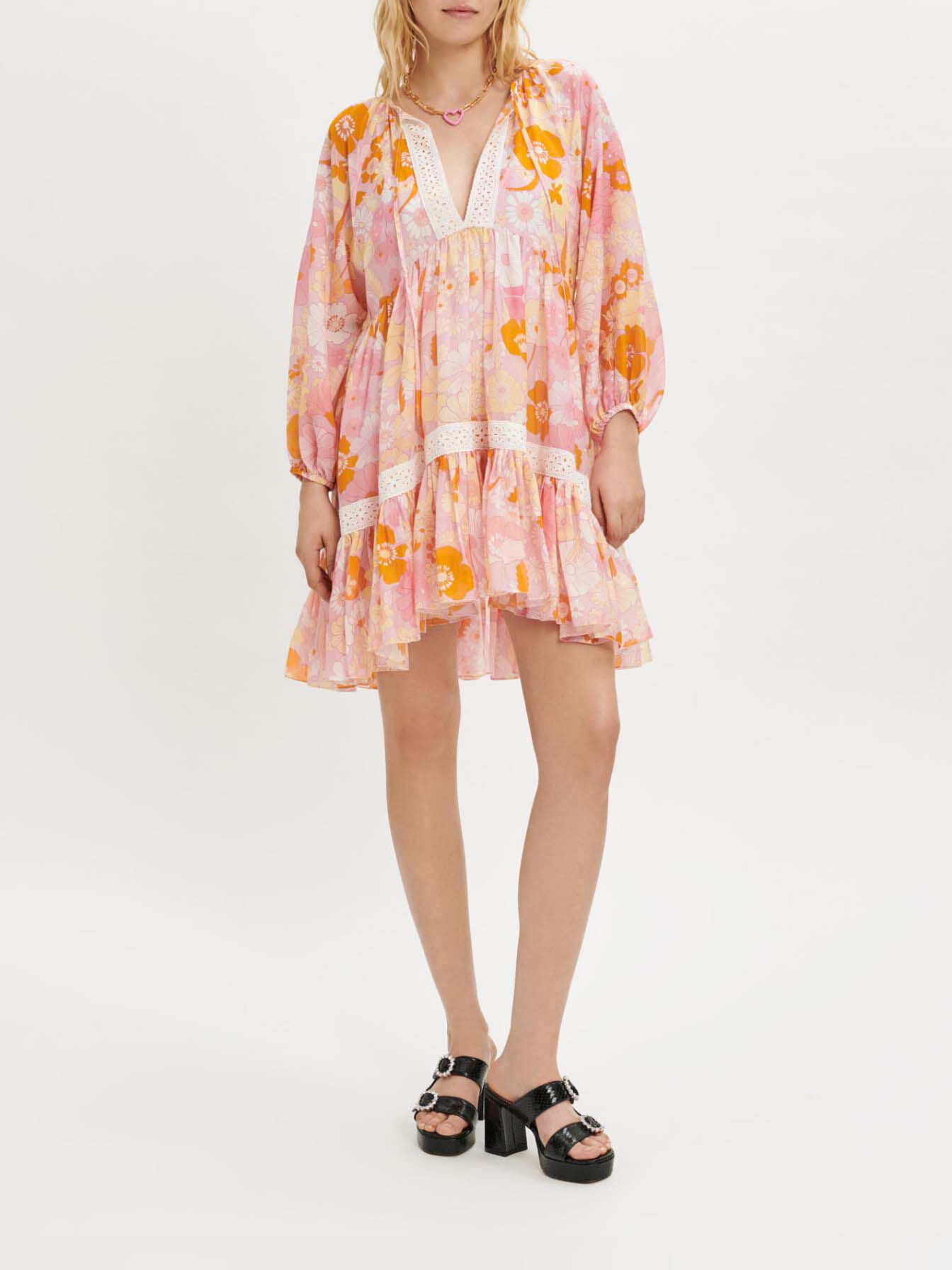 Rochie transparentă din bumbac și mătase imprimată - Flower power rose