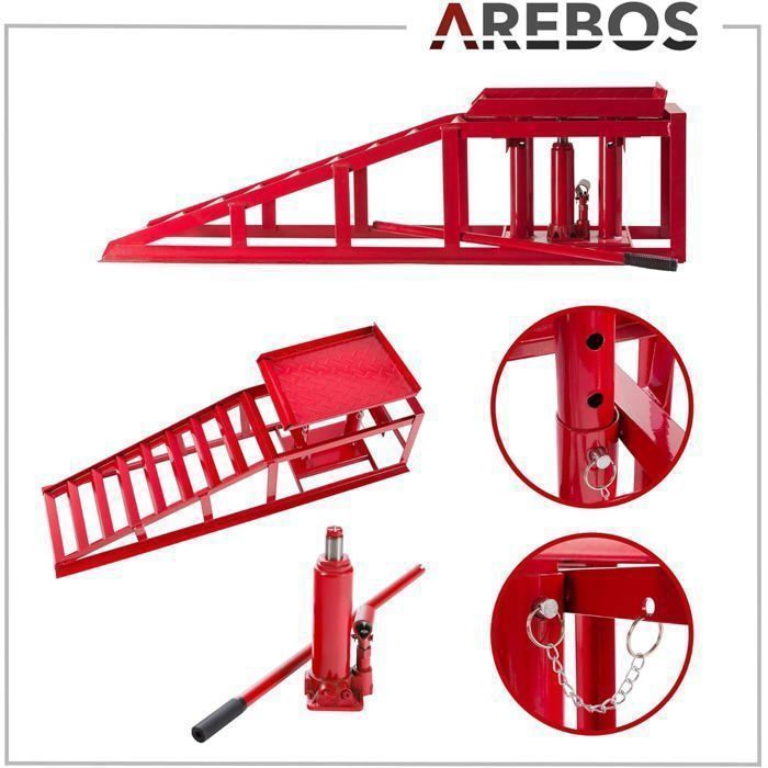 Rampa elevadora para coches AREBOS | Elevador de vehículos | Kit de rampa hidráulica ajustable de 2 toneladas | Rampa de acceso de 290-375 mm, color rojo