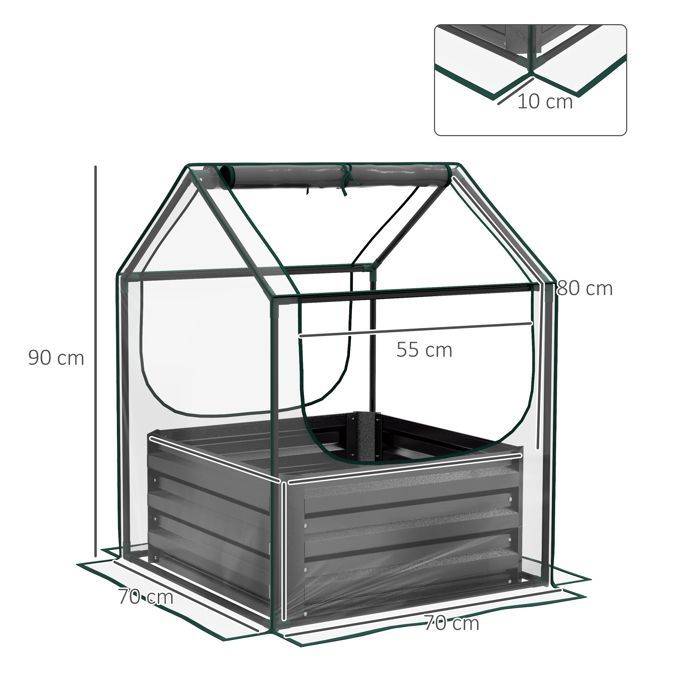 Raised garden bed with mini greenhouse - Outsunny - galvanized steel - for garden, balcony, terrace - 70 x 70 x 90 cm - dark grey