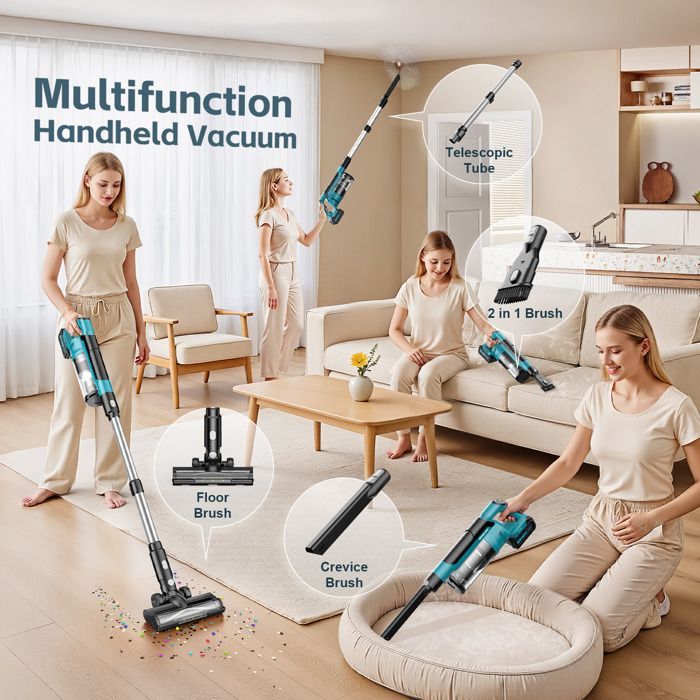 Aspirateur balai sans fil 700W 60KPa • 2×21V 4000mAh 70–72min • Bac 0,8L • LEDs • Sols durs, tapis, poils