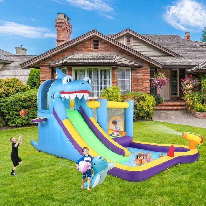Zona de juegos hinchable LALAHO - Castillo con soplador, piscina y tobogán, para niños de 3 a 10 años, capacidad de carga de 135 kg, 380 x 260 x 240 cm