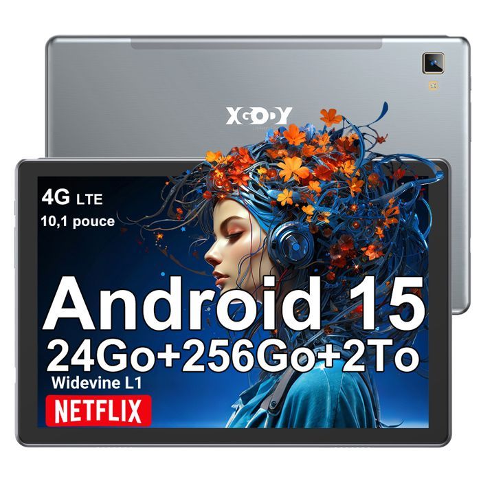 Tablette Tactile XGODY P60 Pro Android 15 24Go RAM+256Go ROM 10.1 pouces 8000mAh 4G LTE 5G WiFi 1920*1200 IPS Octa-core 5MP+13MP GPS
