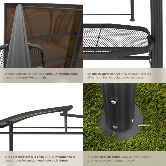 Abri pavillon barbecue - TECTAKE - Abri pour barbecue Asado - Robuste, alu/acier, toit ignifuge - 2,4x1,5x2,34m - gris