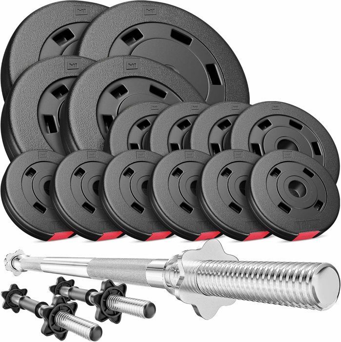 Hop-Sport 58kg Dumbbell Set, 167cm Barbell, 45cm Barbells, 2x10kg, 2x5kg, 4x2.5kg, 6x1.25kg Weight Plates