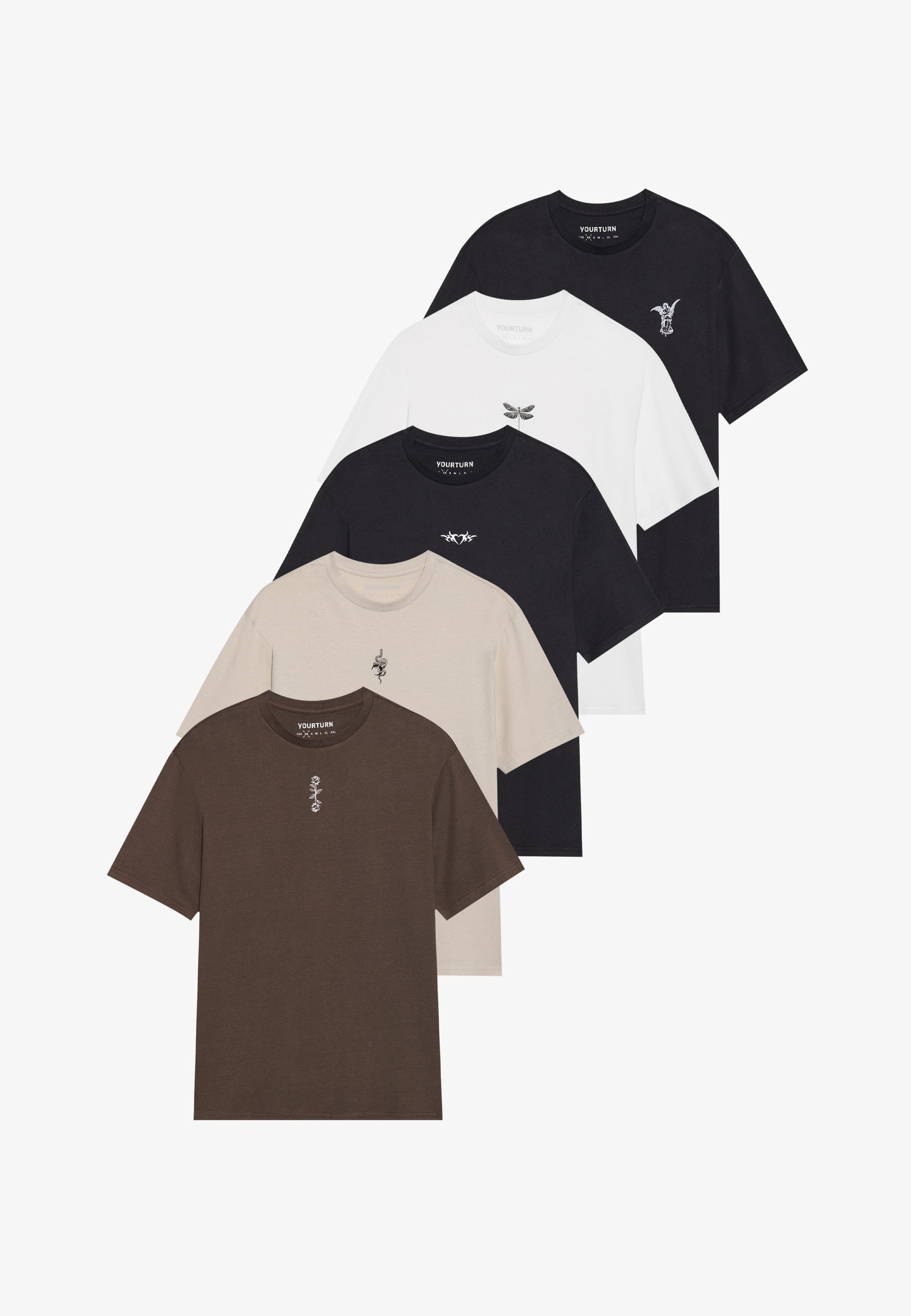 YOURTURN UNISEX 5-PACK - T-shirt met print - chocoladebruin/maanlicht/helderwit/echt zwart
