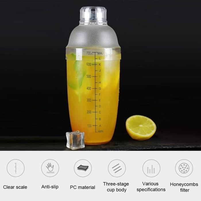 Shaker à Cocktail, 350-700 ml en Résine Plastique Transparente Shaker avec Balance et Passoire Mélangeur pour Maison Bar Lait A27