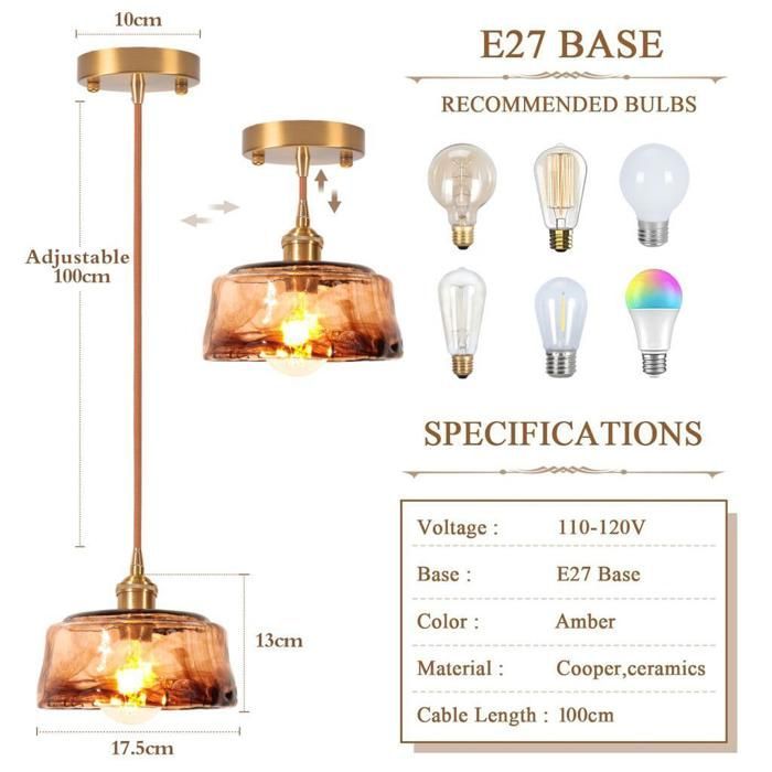 iDEGU Juego de 3 lámparas de araña vintage, lámpara colgante industrial de 18 cm con pantalla de cristal ámbar y casquillo E27, estilo Edison.
