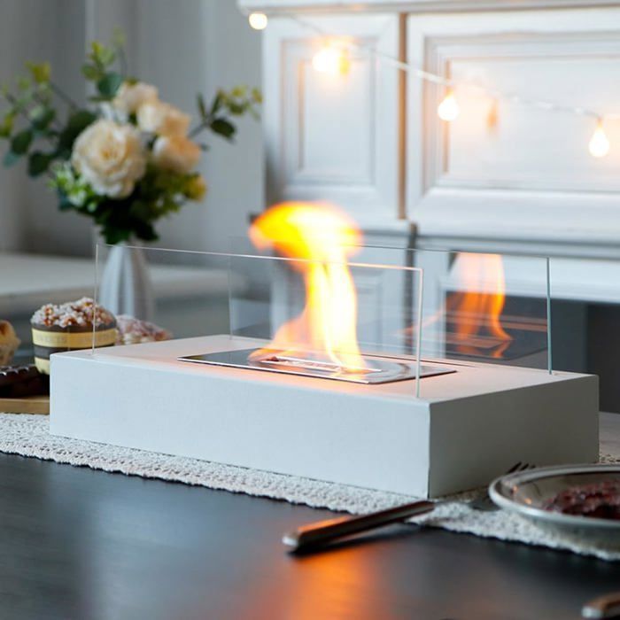 Cheminée de table bioéthanol - ULISEM - 35 cm - Portable - Intérieur/Extérieur - Blanc - Sécurité renforcée