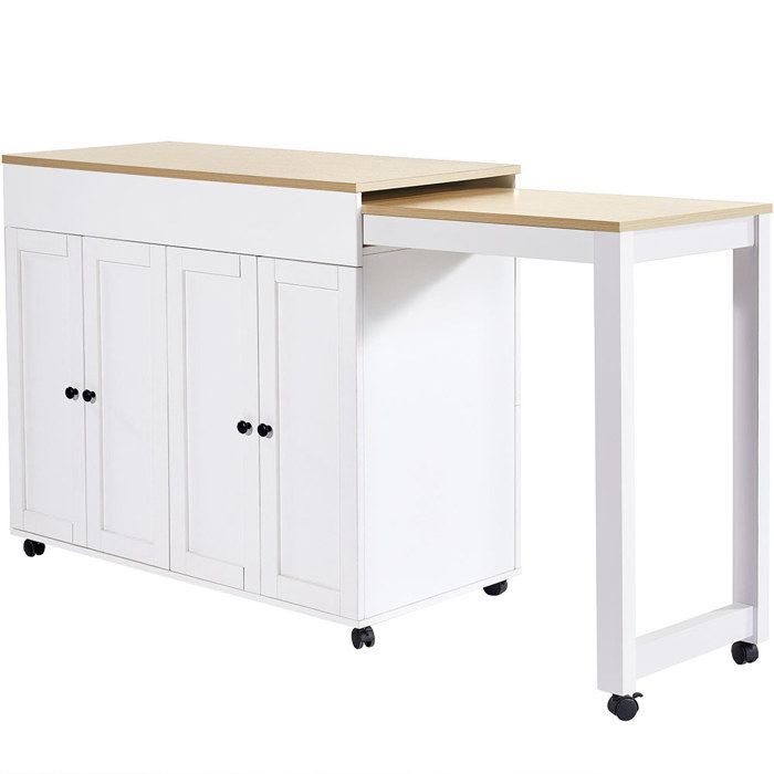 Isla de cocina moderna, carrito de cocina, mesa de bar extensible con 6 superficies de almacenamiento, blanca (118-180×50×94cm)