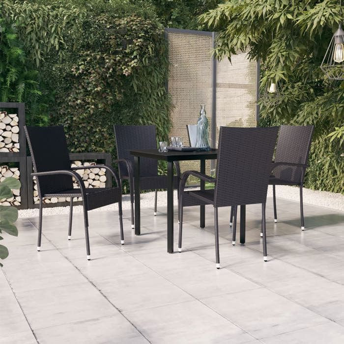 BURKE 5-delige tuinset - Zwart - Rotan van kunststof - Gepoedercoat staal - Glas